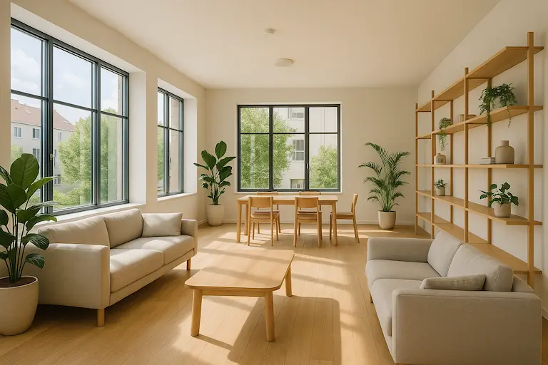 Intérieur lumineux d'un coliving moderne, vide mais chaleureux. Pas de personnes. Juste l'espace. Le potentiel.